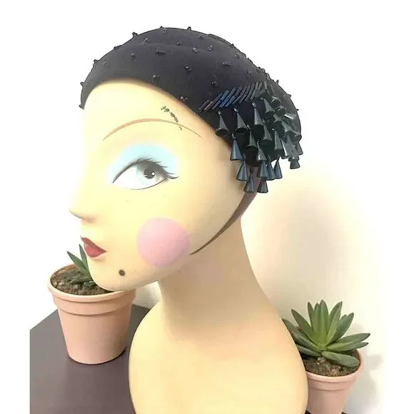 Vintage 1950s Jami Exclusive Navy Felt Cocktail Hat w  display picture 3